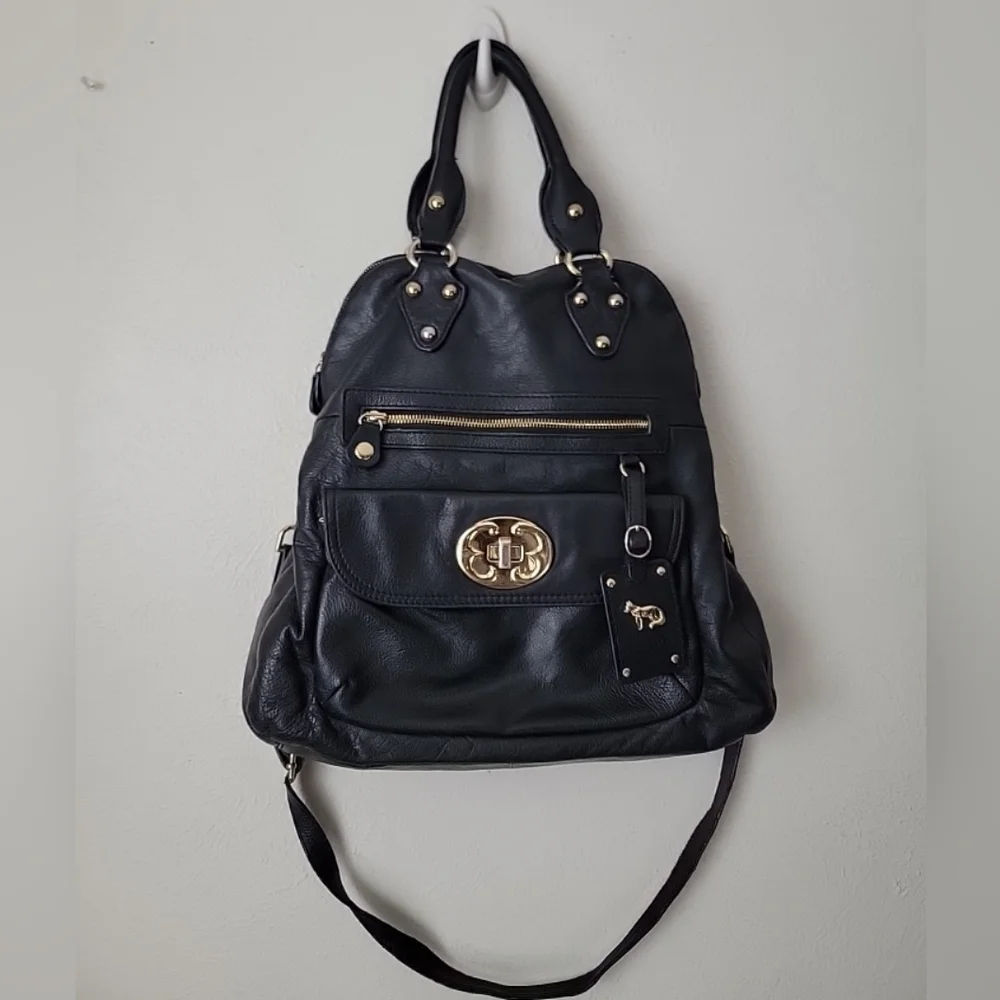 EMMA FOX Black Leather Tote HANDBAG 2 handle Y2k